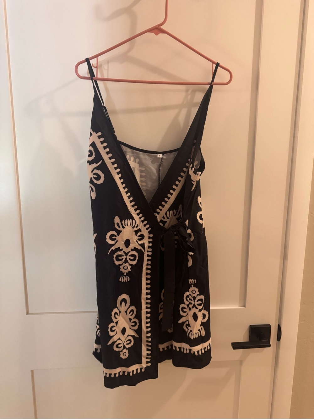 Sleeveless Black Wrap Dress with Cream Print - Picture 2 of 3